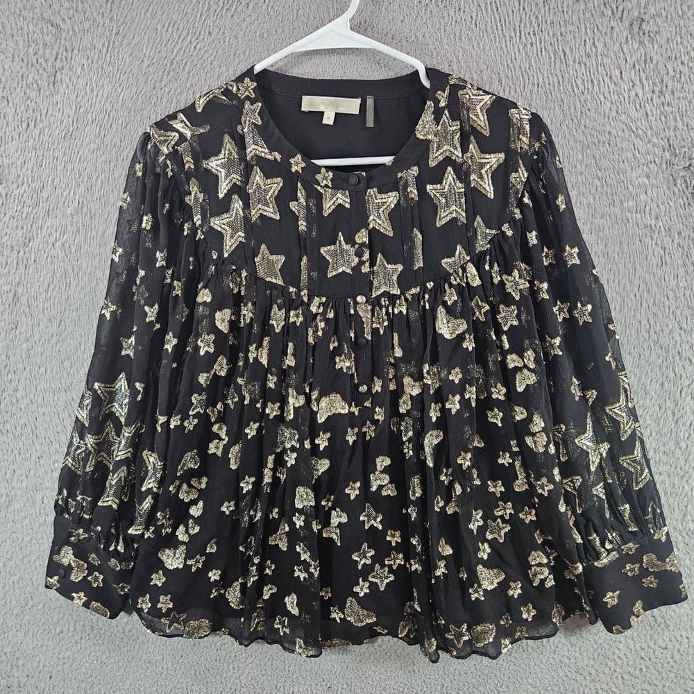 LoveShackFancy‎ Black Gold Metallic Silk Star Butterfly Blouse Top Medium M